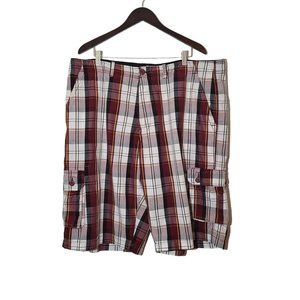 Ecko Unltd Men's Cotton Burgundy Plaid Cargo Short Sz W42 High Rise Flat Front